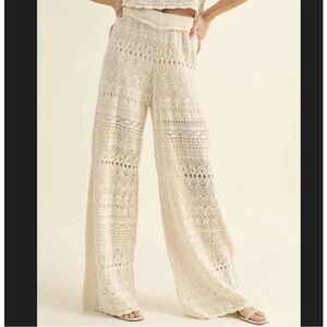 Cream Crochet Wide-Leg Pants